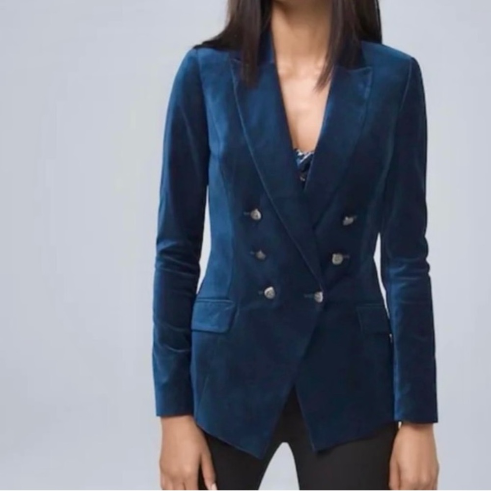 White HBM Velvet Blue double breasted Blazer